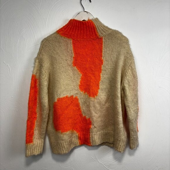 Knit Pullover Sweater Long Sleeve Orange Beige Colorblock Fun Spring Acrylic S - Picture 5 of 5